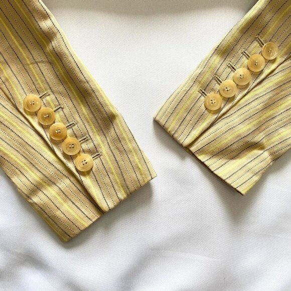 ESCADA LINEN BLEND BEIGE BLACK YELLOW STRIPED PEAK LAPEL MID-LENGTH BLAZER - 4 - Picture 9 of 12